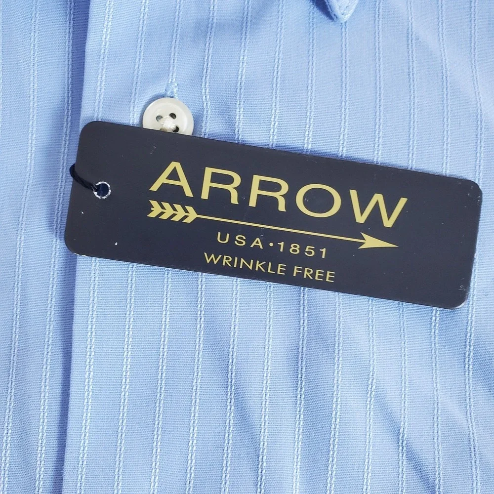 Arrow Men's Button Up Shirt 17 17.5 XL Blue Subtle Stripe Wrinkle‎ Free